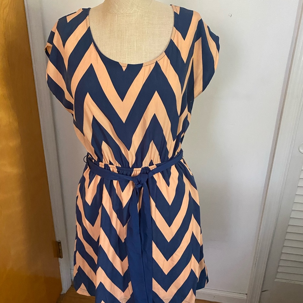 Chevron dress, coral & blue print